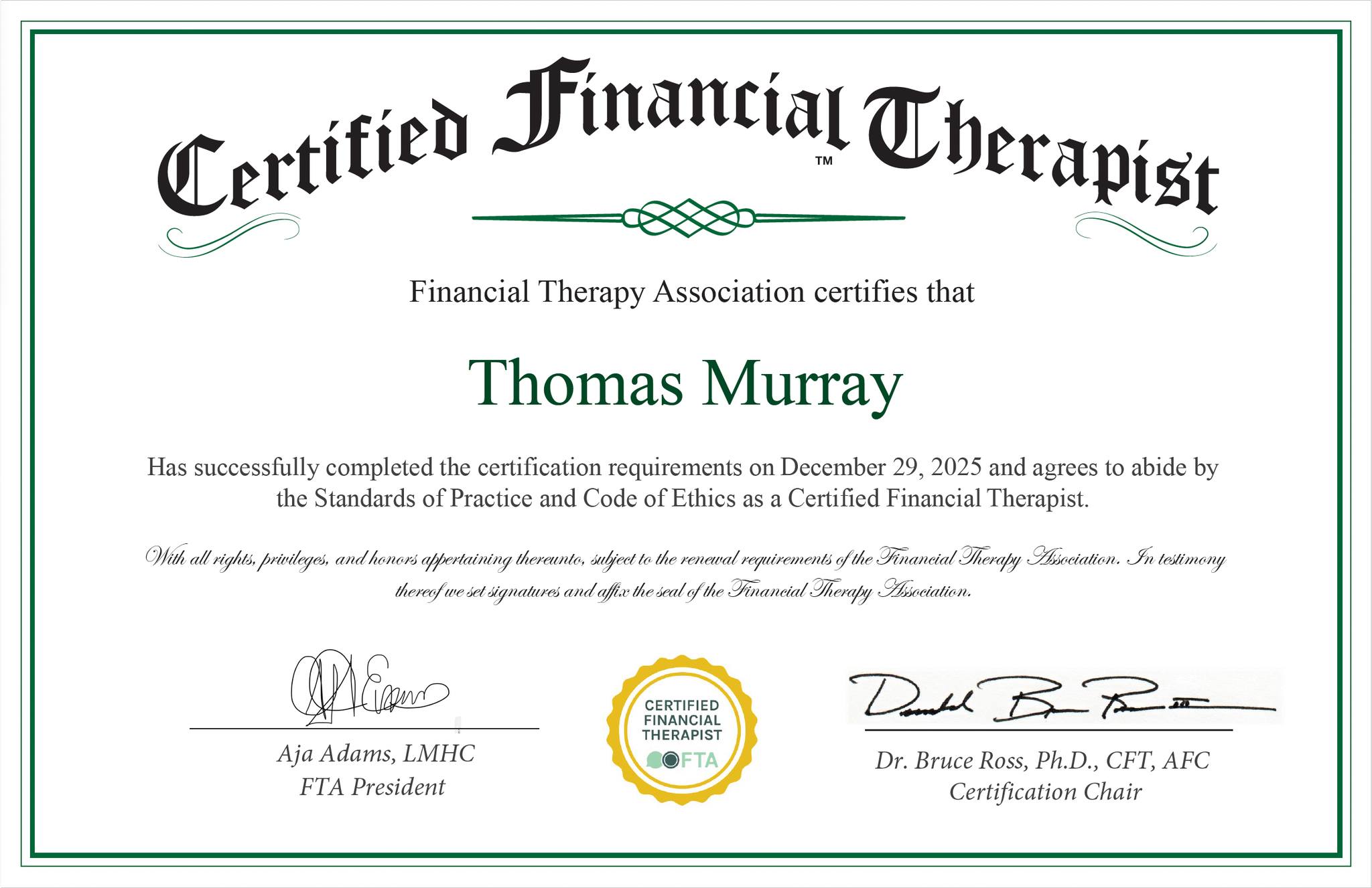 Dr. Tom Murray Certified Financial Therapist Certificate